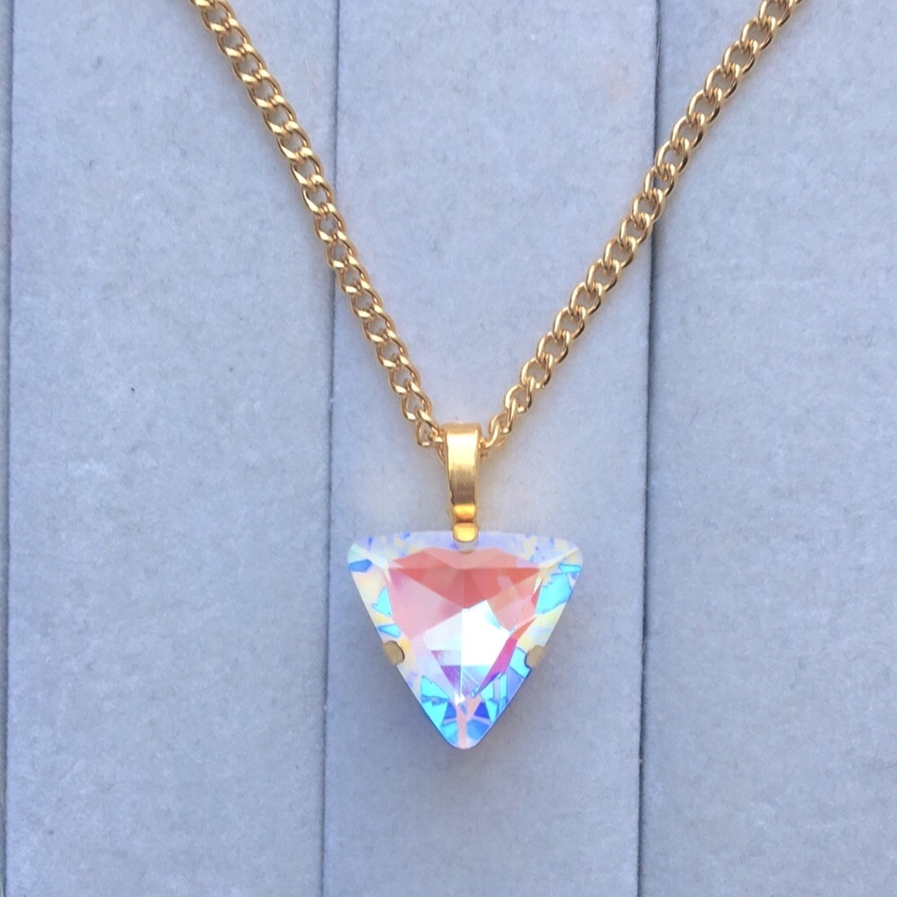 Iridescent White + Gold Triangle Crystal Drop Pendant Necklace